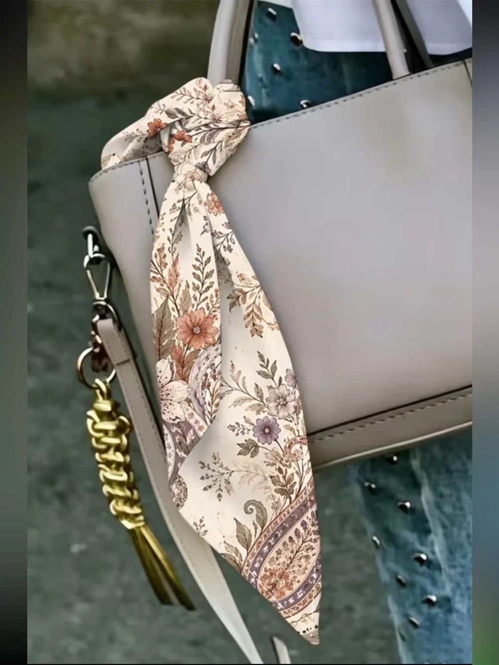 Floral Paisley Silk-Feel Scarf in Cream and Lavender 19”